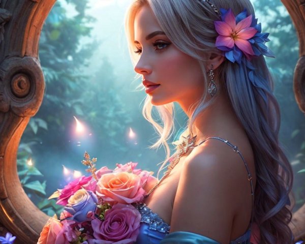 Graceful woman with flowers and vibrant roses in light