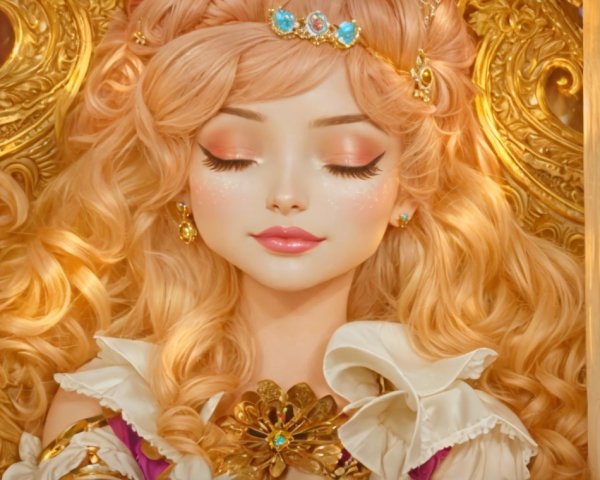 Serene Princess in Lavish Dress Against Gilded Background