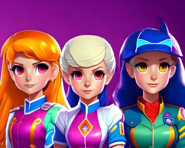 Three Stylized Female Characters with Colorful Hair