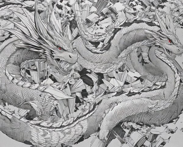 Intricate Illustration of Two Fierce Intertwined Dragons