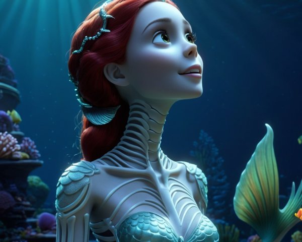 Mermaid with Red Hair in Underwater Scenery