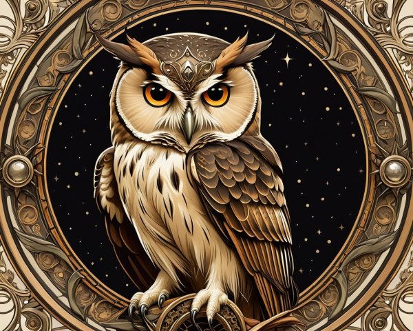 Majestic Owl Illustration with Orange Eyes and Patterns