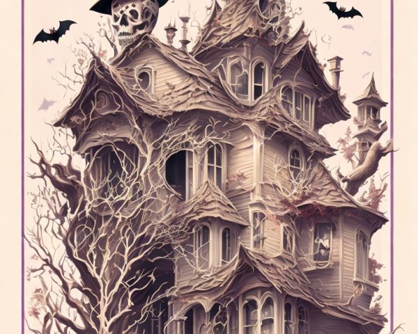 Whimsical Haunted House Illustration with Halloween Theme