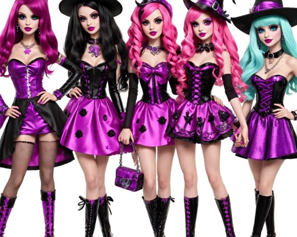 Stylish Dolls in Vibrant Purple Witch Costumes