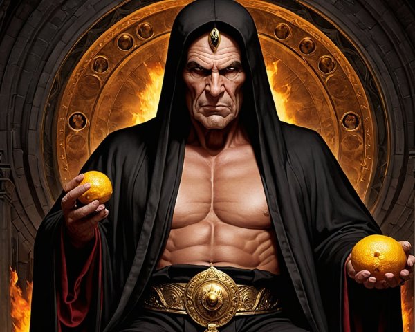 Muscular Man in Hooded Robe with Oranges and Fire