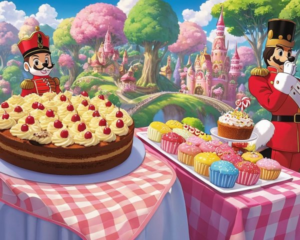Decorative Chocolate Cake and Colorful Cupcakes Scene