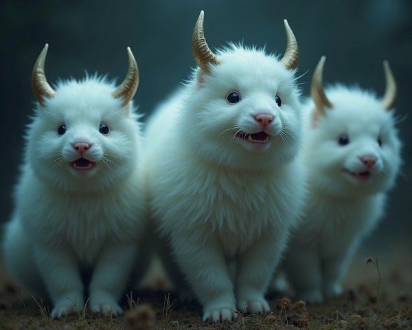 Fluffy White Creatures in a Misty Forest Setting