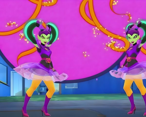 Animated Characters with Green Hair and Purple Outfits