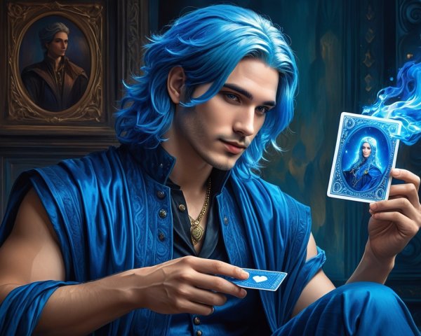 Young man with blue hair in a dimly lit room