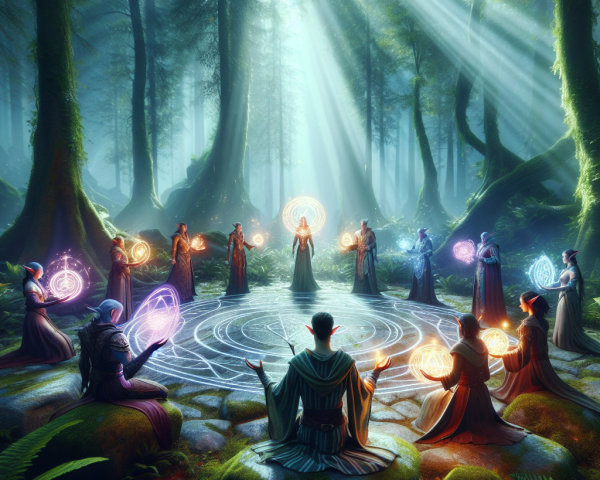Gathering of Robed Figures Around Enchanted Pool