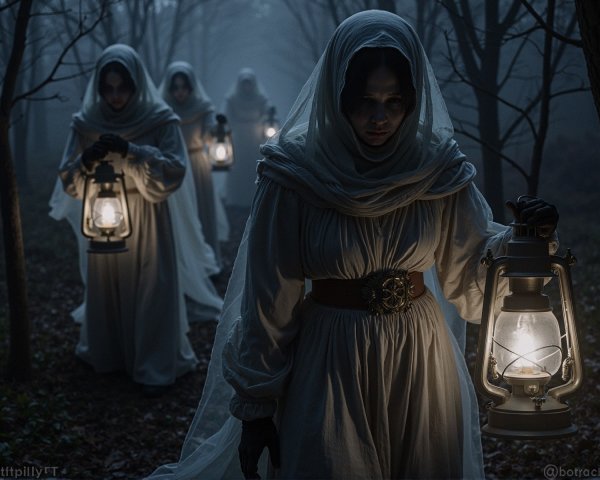 Ethereal Figures in White Robes with Lanterns in Forest