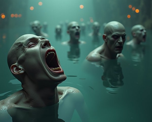 Bald Figures in Murky Water Expressing Anguish