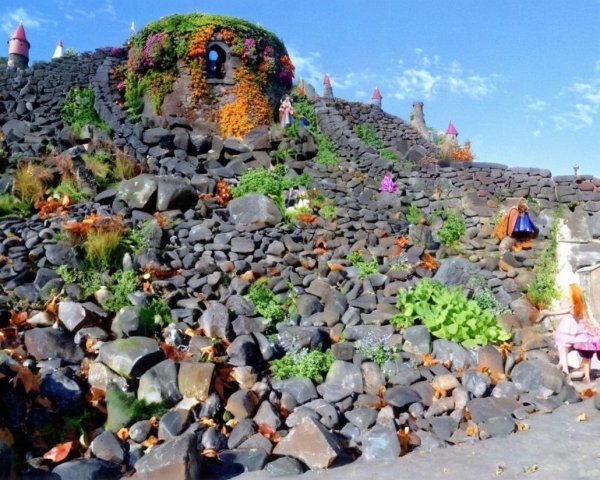 Whimsical Hillside with Boulders and Colorful Houses