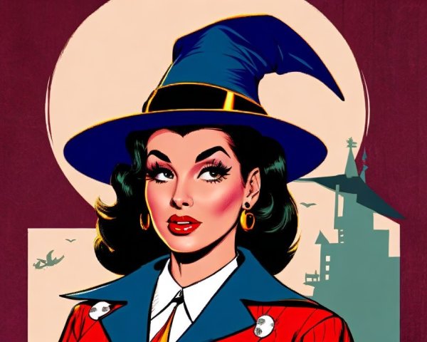 Glamorous Witch in Red Coat Against Cityscape Background