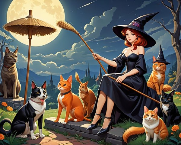Witch in Flowing Dress with Pets Under Full Moon