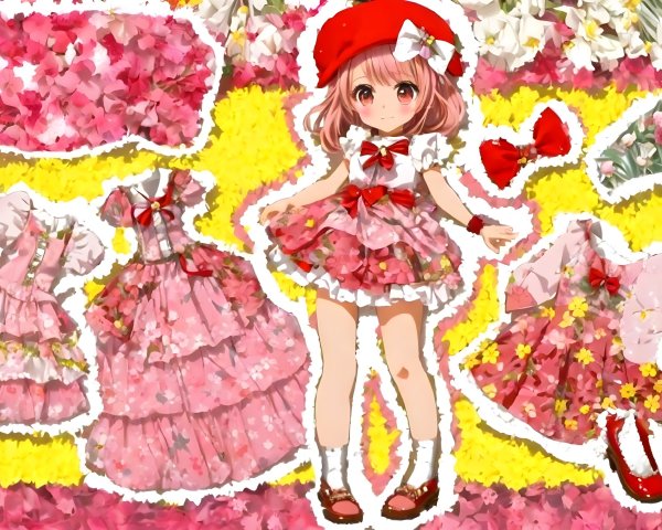 Cute character in pink frilly dress with floral patterns