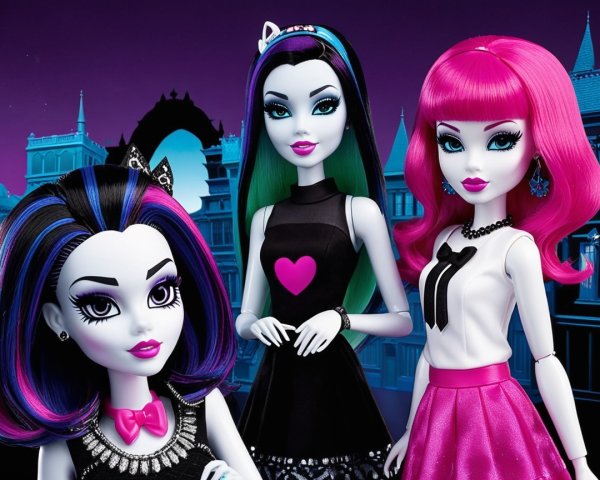 Stylish Dolls with Unique Looks Against Purple Background