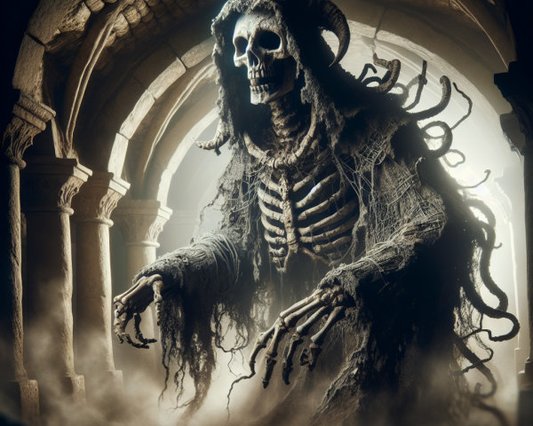 Skeletal Figure in Tattered Robes in Ancient Archway