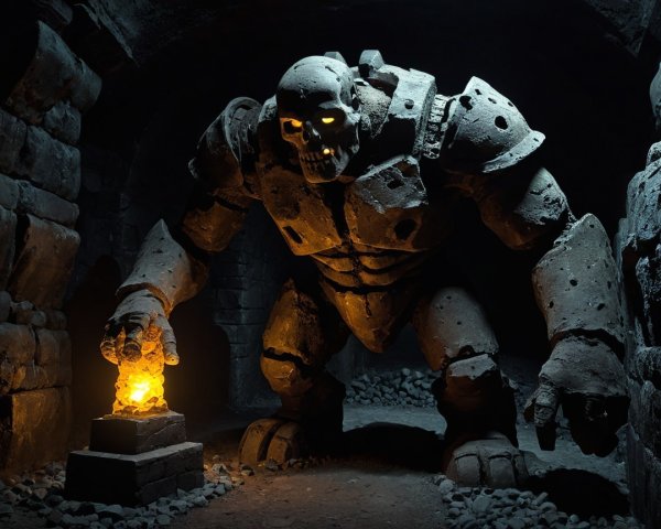 Stone Golem in Dim Underground with Glowing Orb