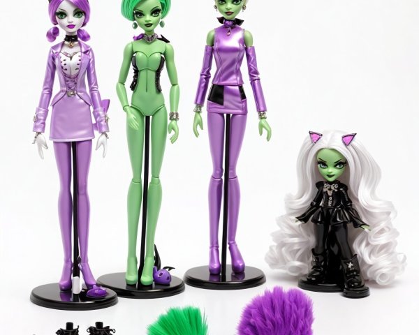 Collection of Four Colorful Fashion Dolls and Accessories