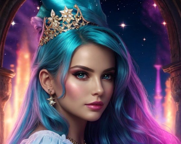 Fairy Tale Character with Teal and Pink Hair and Crown