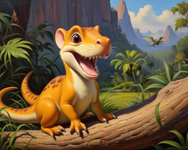 Cheerful Cartoon Dinosaur in a Lush Jungle Scene