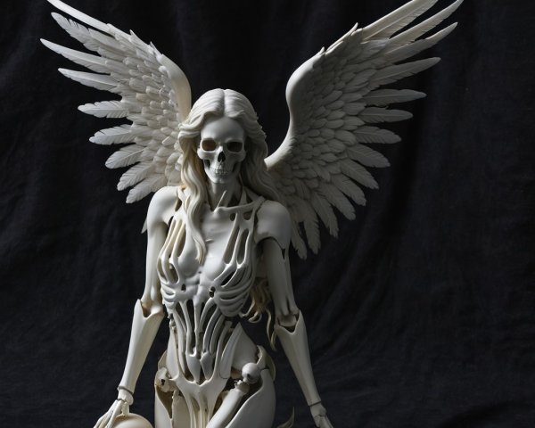 Skeletal Sculpture with Ornate Wings and Dark Background