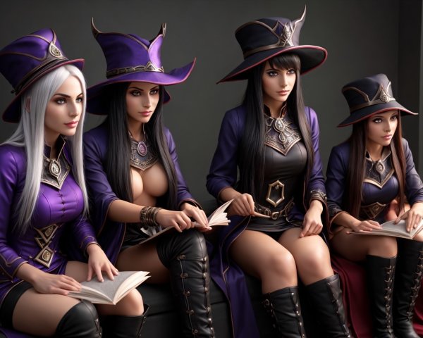 Elegant Women in Purple Hats with Books and Boots
