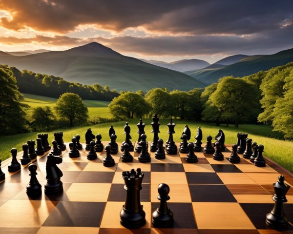 Chessboard in Scenic Mountain Landscape at Sunset