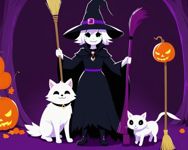 Cheerful Cartoon Witch in Whimsical Forest Scene
