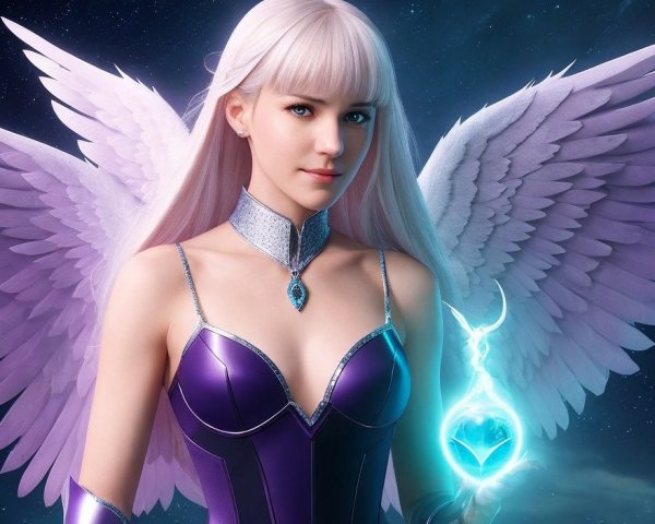 Celestial Figure in Purple Outfit with Wings and Orb