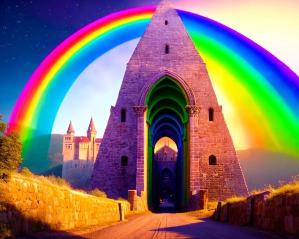 Gothic Stone Structure Under Vibrant Rainbow Sky
