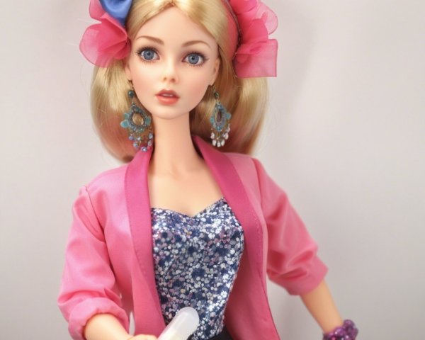 Fashionable doll in pink blazer and sparkly top