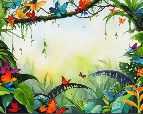 Vibrant Tropical Scene with Colorful Butterflies and Foliage