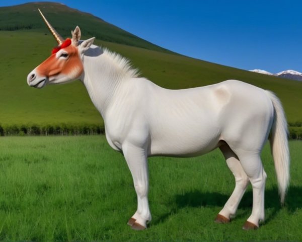 Whimsical Unicorn-Horse in a Green Meadow Scene