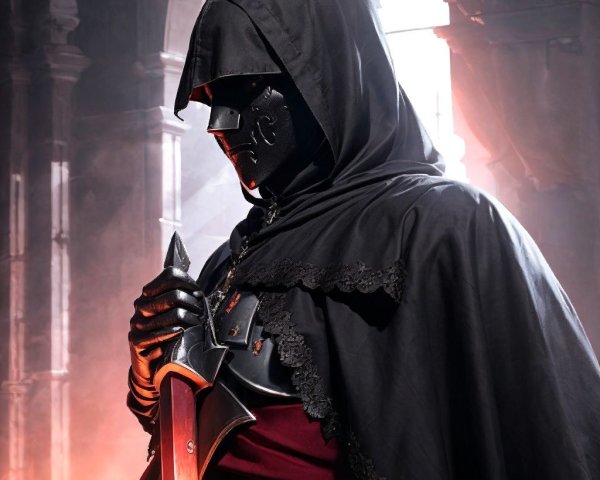 Cloaked Figure in Gothic Setting with Sword and Armor