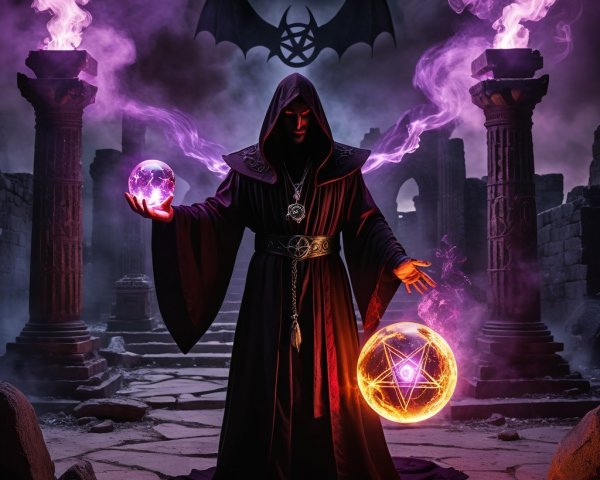 Cloaked Figure in Mystical Ruin with Glowing Orbs