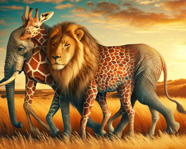 Surreal Hybrid Creature in Vibrant Savannah Landscape