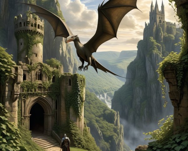 Knight at Ivy-Covered Castle Under Soaring Dragon
