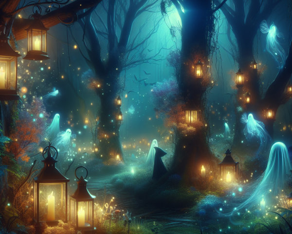 Mystical Forest with Glowing Lanterns and Spirits