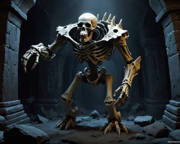 Intricately Designed Skeleton Creature in Dark Cavern