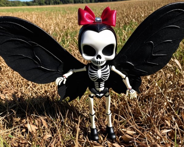 Whimsical Skeleton Figure in a Field with Wings