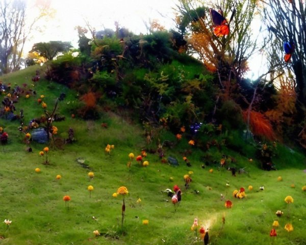 Vibrant Hillside with Colorful Flowers and Autumn Foliage
