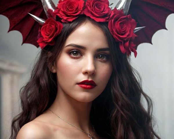 Portrait of a woman with dark hair and dramatic headpiece