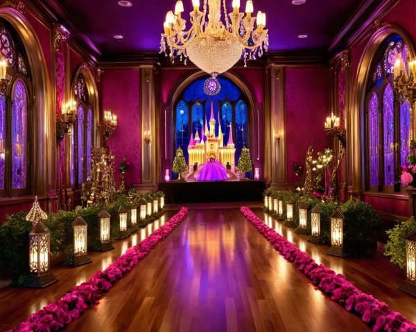 Regal Hall with Purple Hues and Elegant Chandeliers