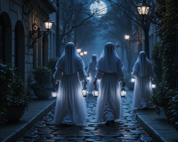 Misty Alley with Lantern-Holding Figures in Robes