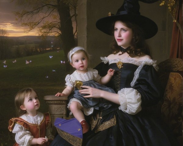 Twilight Scene of Woman with Children in Historical Attire