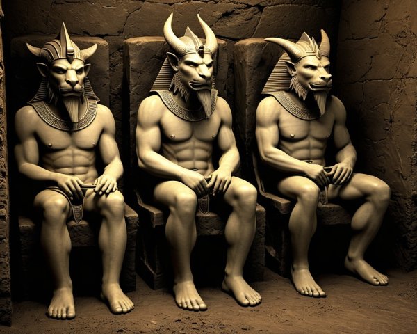 Three Statues with Animal Heads on Stone Thrones