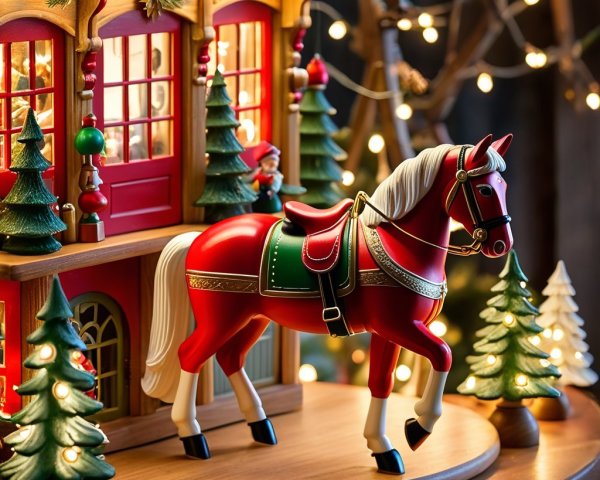 Miniature Holiday Decoration with Red Horse and Trees