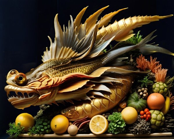 Intricate fish sculpture with vibrant colors and greenery